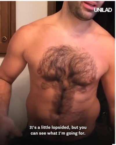 Guy shaves his chest hair and beard into Comic characters