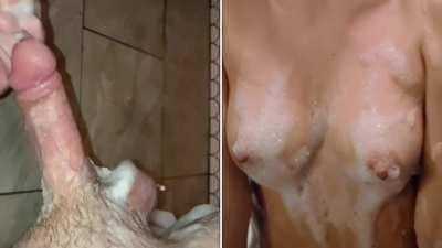 My soapy cock is leaking precum for Ana’s beautiful titties