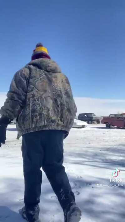 He was going to dance on the truck and busted his butt. LOL