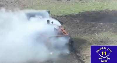 Ukrainian ATGM strike on a Russian BMP-1 from a building in Pervomaiske. April 2024