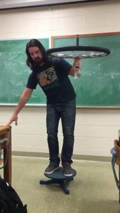 Teacher shows in class Angular Momentum Bike Wheel Demonstration