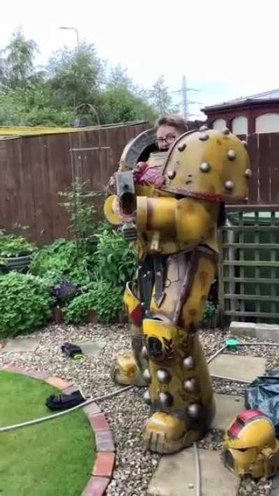 It was suggested I share this here, my almost finished Imperial Fists Space Marine cosplay. All self made from scratch.