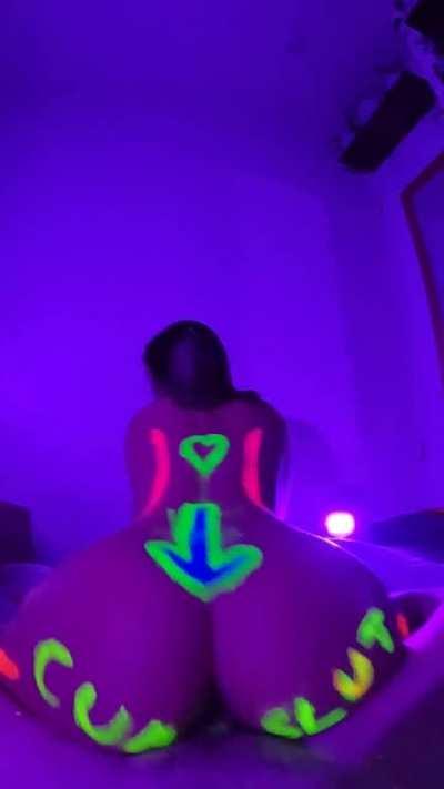 Neon lights, paint, and riding his cock