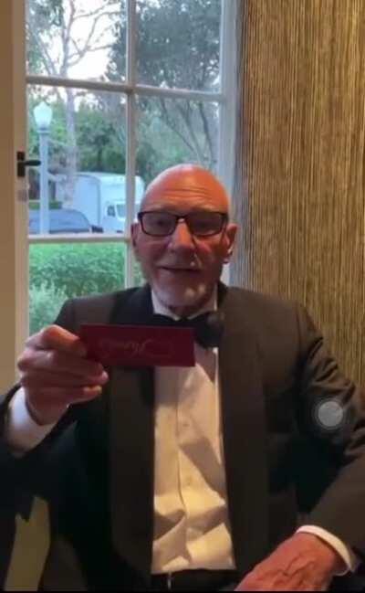 Sir Patrick Stewart makes a toast to good health and safety, while dressed in a tuxedo for his final sonnet reading.