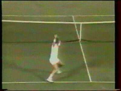 jimmy conners hitting a tennis ball by throwing his racket in 1996