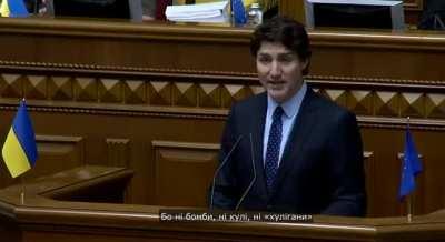 Prime Minister of Canada Justin Trudeau addresses the Ukrainian Parliament during his visit to Kyiv today.