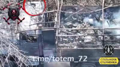 A Ukrainian FPV pilot of the 72nd Mechanized Brigade attacks a Russian &quot;Ural&quot; truck transporting ammunition and supplies to the frontline. 