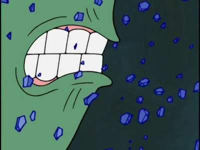 Plankton furiously bites a screw and breaks it