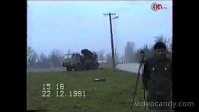 Shooting of a MRLS near Novska; December of 1991. Detail: interesting to see how two rockets fell out of the system.