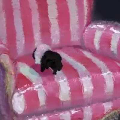 Stop-Motion oil painting animation of an adorable kitten playing on a chair