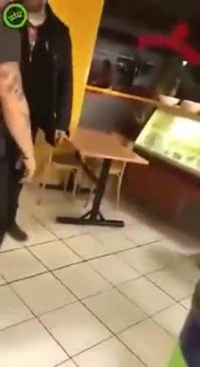 Two drunks meet their match after the pair cause a disturbance inside a shop.