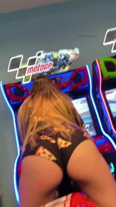 My girlfriend just had to get a lick in at the arcade