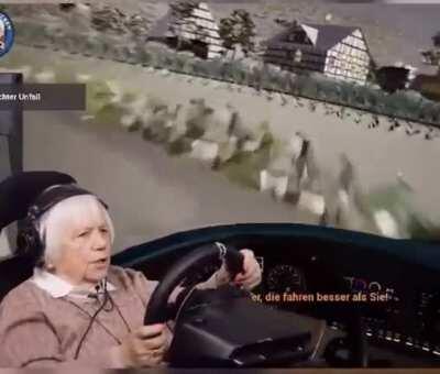 Fake babushka playing Forza with wheel