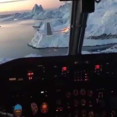 Cockpit view of landing a plane in Greenland