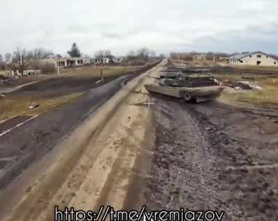 Ukrainian M1A1 Abrams tank receives a hit from a FPV drone, Kursk oblast (aftermath unknown) 