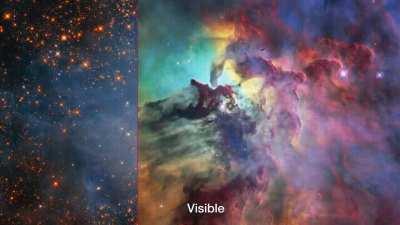 Lagoon Nebula in visible and infrared light (Credit: NASA, ESA, and STScI)