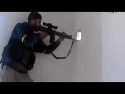 Fsa sniper barely gets missed by sniper bullet 2013 syria