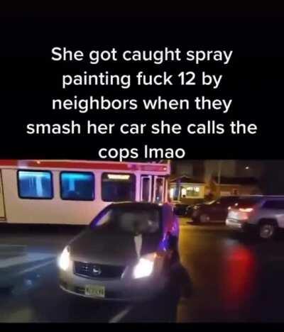 So she was spray painting “fuck 12” on someone else’s property then property owner got mad and smashed her car widows. Then Karan call the police on them.