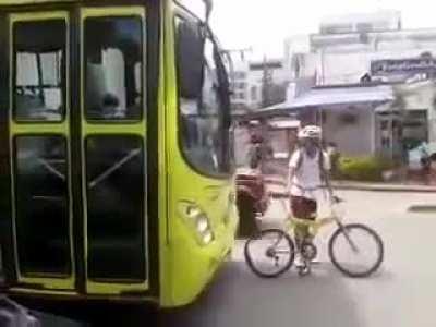 Cyclist fucks with busdriver. When the busdriver hits the cyclist he gets mad like he did nothing