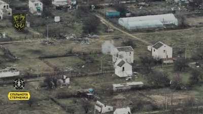 GRIFFON unit from 501st Marine Battalion of the 36th Marine Brigade of Ukraine strikes Russian position with FPV kamikaze drone. Krynky, Kherson. Published February 2024