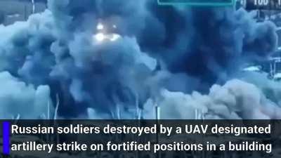 Russian soldiers destroyed by a UAV-designated artillery strike on fortified positions in a building in Avdiivka