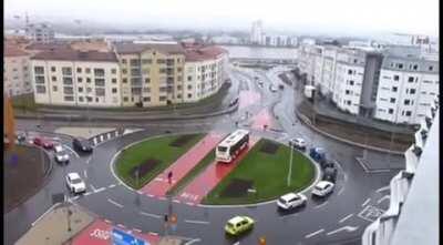 This buslane in Sweden goes through a roundabout