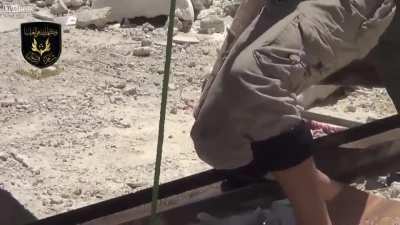 Syrian Opposition use a crude trebuchet to launch jars of burning liquid at SAA positions - Damascus - 2013