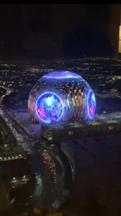 The Sphere at The Venetian Resort in Paradise, Nevada, has an exosphere made of LED light panels which is visible from several miles away. 
It's being tested in these days and it's quite stunning