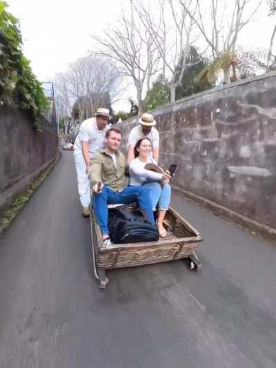 Monte Toboggans was introduced as Funchal’s first mode of “downhill” public transportation. The Carro de Cesto is operated by two men who don white attire, straw hats and boots that serve as brakes