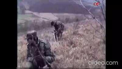 Setting up a forward mortar position during an enemy attack at the village of &quot;Gornje Kričke&quot;. 1st Mech. Guard Brigade &quot;The Tigers&quot; got surprised by the enemy that advanced from the local mountain &quot;Papuk&quot; and reached houses in the village. November 1991.