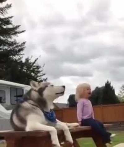 Little baby and dog have a howling competition