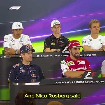 Press Conference during AbuDhabiGP 2014, Reporter attempting to ask a question starting with &quot;A short view back to the past&quot;, after that this became an iconic interview question (sound on)