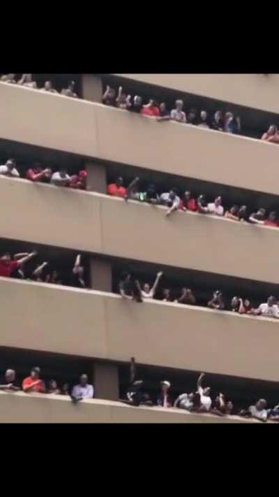 I saw this happen back when the parade for the Houston astros happened. Someone’s hat fell so many people worked together to get it back to him/her