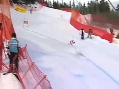 Yannick Bertrand takes a slalom gate to the groin