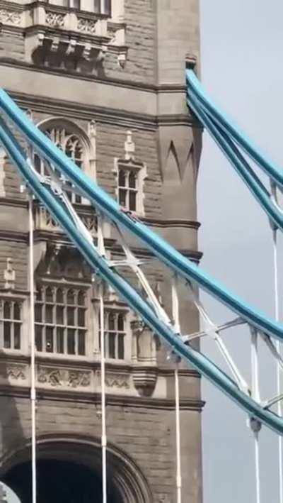 Guy stops the use of the tower bridge to sunbathe