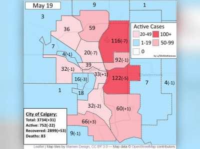 Compilation of my Calgary COVID maps from March 20 to July 31, depicting Total cases then switching to Active cases.