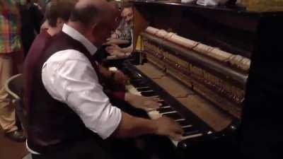 2 Guys play Boogie Woogie (sixth Avenue Express) on a single stand up Piano together