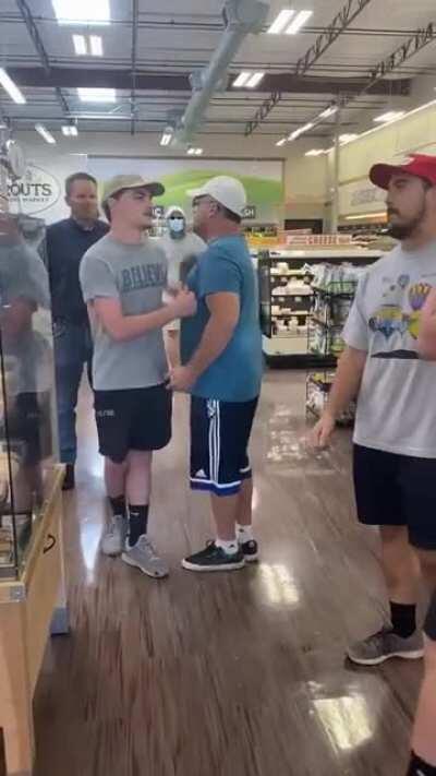 COVIDiot carried out of Sprouts by son - listen for the fart