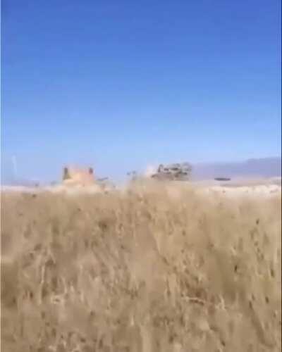 Frontline footage of an Azerbaijani IAI Harop “Kamikaze” drone strike against an Armenian truck in Nagorno Karabakh, near Shaumyan. Before the strike, one soldier can be heard asking “Where the fuck is that son of a bitch?”