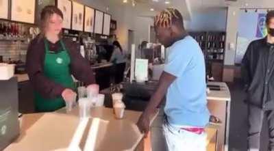 Guy touches himself in front of Starbucks worker