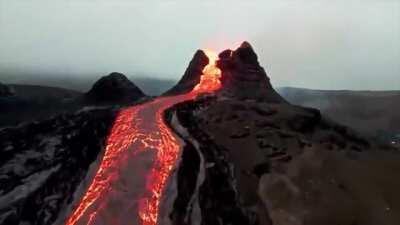 River of lava in Fagradalsfjall, Iceland looks like a highway to hell