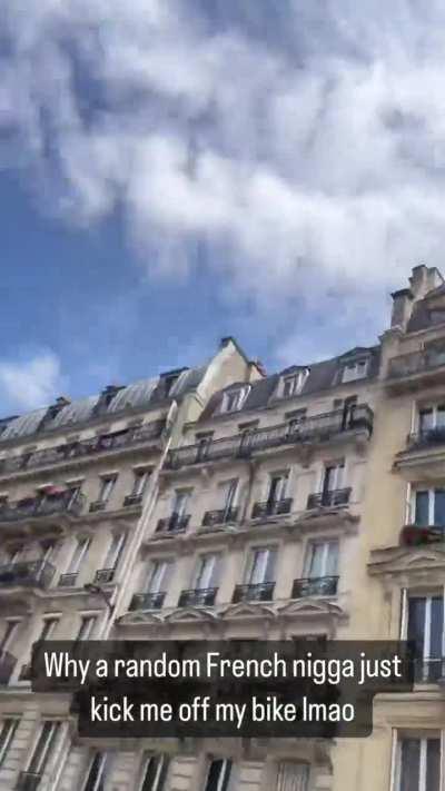 Skateboarder Tyshawn Jones gets kicked off bike by a another cyclist in Paris 