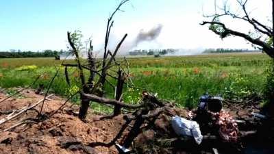 A Ukrainian tank and armored vehicles come under Russian artillery fire while attempting to advance in Zaporizhzhia direction. One of the vehicle has an extremely close call at 0:41.