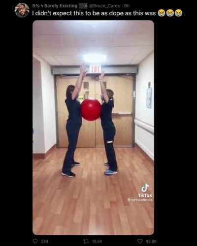 Health care workers de-stressing with exercise ball