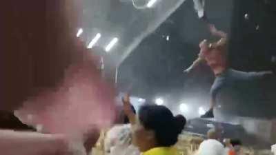 Powerful wind blows off the canopy of an eatery in Yichang, China