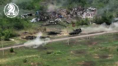 UA Pov - 47th mechanized brigade Ukrainian bradley and Russian btr-80 pass each other on the road while btr-80 keeps getting hit by bradleys autocannon. Russian soldiers a top of btr get killed by autocannon and fall off