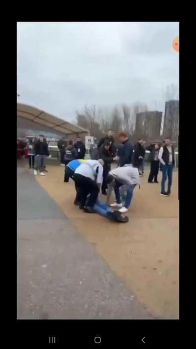 Soccer fan got knocked out, had to be wheeled out