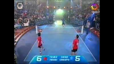 Messi - Tevez up against Maradona - Crespo in football tennis match (2005)