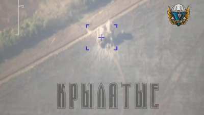 RU POV: Ukrainian armored vehicle got hit by laser-guided Krasnopol and Lancet at the border near Novyi Put', Kursk region. 