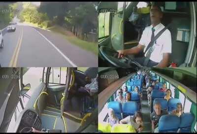 Bus driver's quick reactions save occupants from a crash